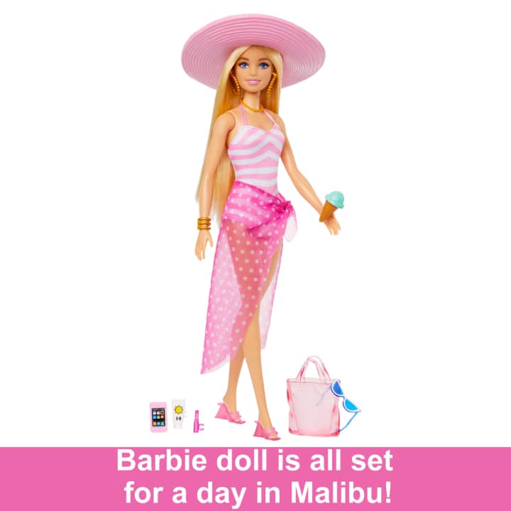 HPL73 Blonde Barbie Doll With Swimsuit And Beach-Themed Accessories